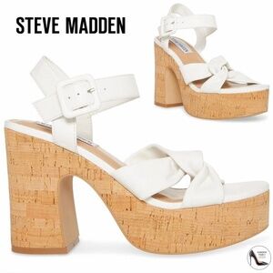 Steve Madden Cacy White Leather Ankle Strap Block Heel Platform Sandals Pump 8.5
